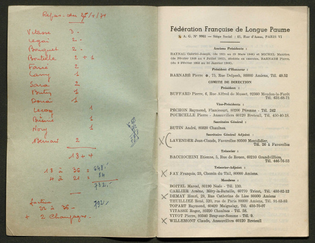 Opuscule (année 1973). Fédération française de Longue Paume : classement des joueurs. Le flambeau de la paume symbole de la pérennité