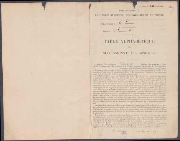 Table des successions et absences du bureau d'Amiens