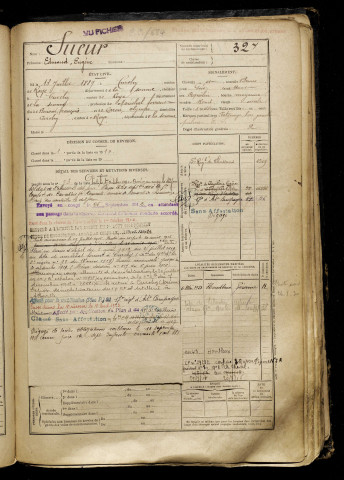 Sueur, Edmond Eugène, né le 13 juillet 1889 à Curchy (Somme), classe 1909, matricule n° 327, Bureau de recrutement de Péronne
