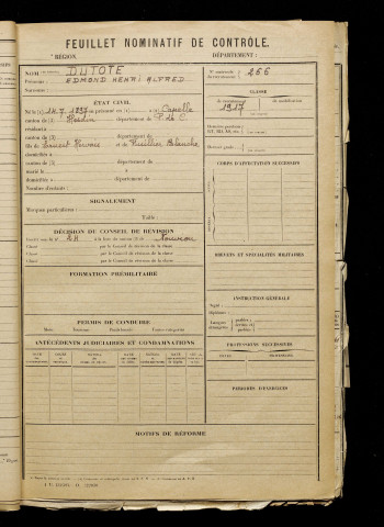 Dutote, Edmond Henri Alfred, né le 14 juillet 1897 à Capelle-lès-Hesdin (Pas-de-Calais), classe 1917, matricule n° 266, Bureau de recrutement d'Abbeville