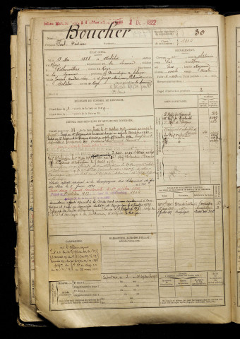 Boucher, Paul Onésime, né le 13 mai 1888 à Balâtre (Somme), classe 1908, matricule n° 30, Bureau de recrutement de Péronne