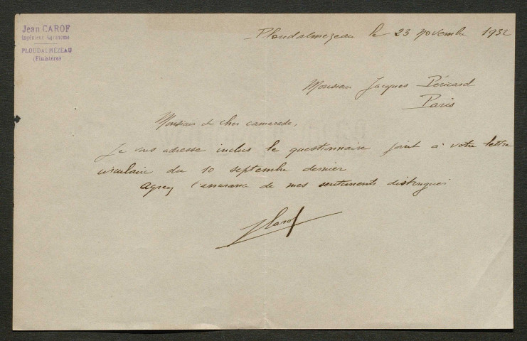 Témoignage de Carof, Jean (Sous-lieutenant) et correspondance avec Jacques Péricard