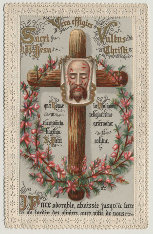Image pieuse dentelle. Face adorable du Christ. Des promesses
