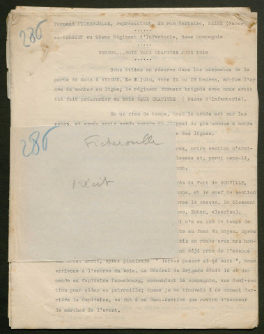 Témoignage de Ficheroulle, Fernand et correspondance avec Jacques Péricard