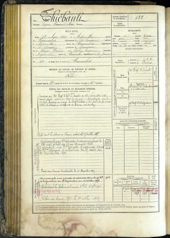 Thiébault, Eugène Frumence Aimé, né le 19 mai 1861 à Aigneville (Somme, France), classe 1881, matricule n° 632, Bureau de recrutement d'Abbeville