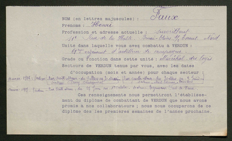Témoignage de Faux, Henri et correspondance avec Jacques Péricard