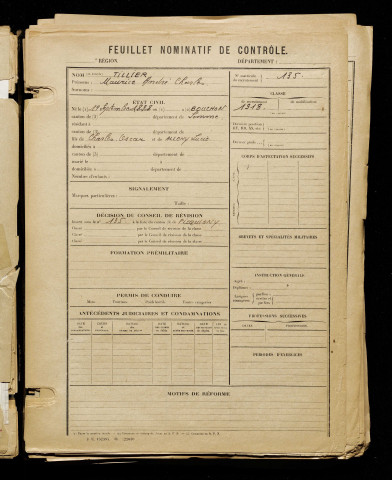 Tillier, Maurice André Charles, né le 19 septembre 1898 à Bouchon (Somme), classe 1918, matricule n° 135, Bureau de recrutement d'Amiens