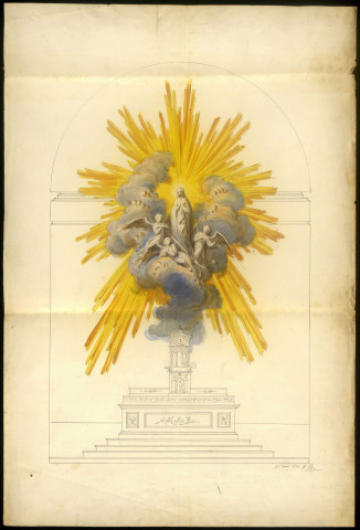 Projet du maître autel de l'église de Boves, Gloire représentant l'Assomption de la Vierge avec des anges. Dessin de Aimé Duthoit
