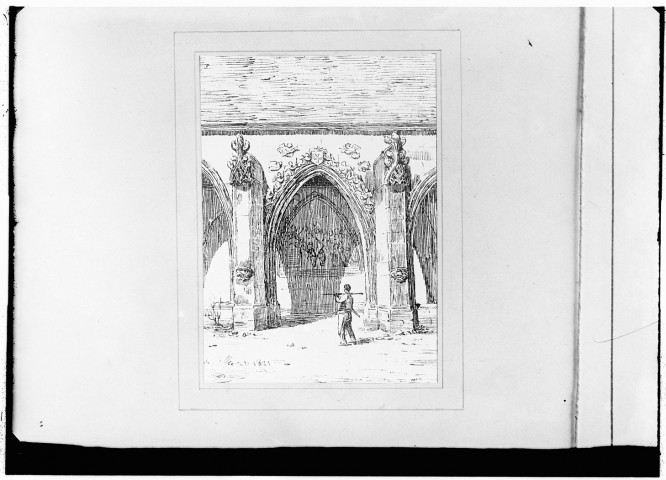 Reproduction de dessin de Duthoit: cimetière de Saint Denis, arcades du grand cloître