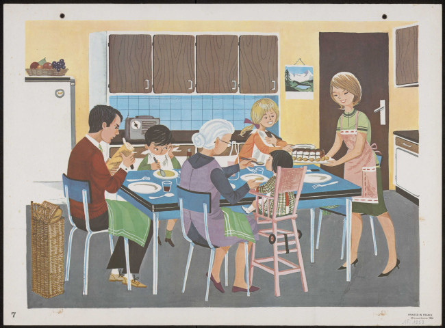 Planches pédagogiques - La salle de bain familiale - et - Le repas de famille dans la cuisine - dessinée par Michel Moyne