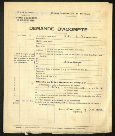 Péronne. Demande d'indemnisation des dommages de guerre : dossier Ville de Péronne (Bibliothèque municipale)