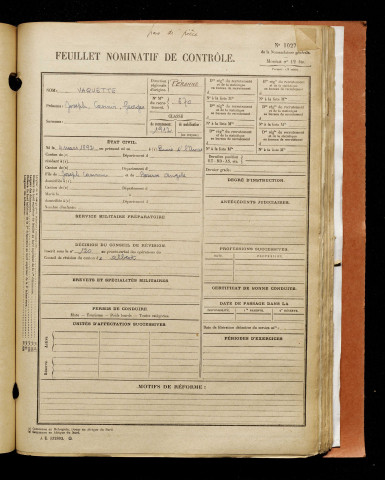 Vaquette, Joseph Casimir Georges, né le 04 mars 1892 à Buire-sur-l'Ancre (Somme), classe 1912, matricule n° 670, Bureau de recrutement de Péronne