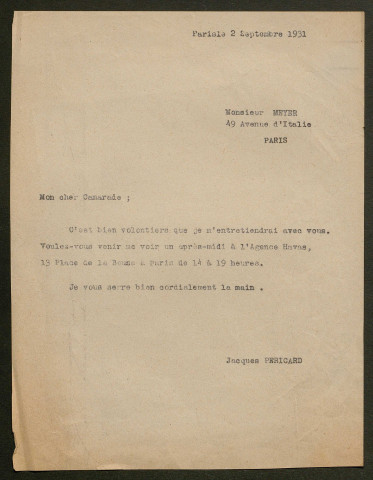 Témoignage de Meyer (Soldat signaleur) et correspondance avec Jacques Péricard