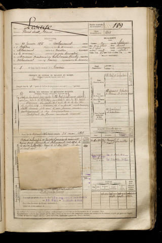 Lesage, Florent Aimé Irénée, né le 21 janvier 1875 à Méharicourt (Somme), classe 1895, matricule n° 189, Bureau de recrutement de Péronne