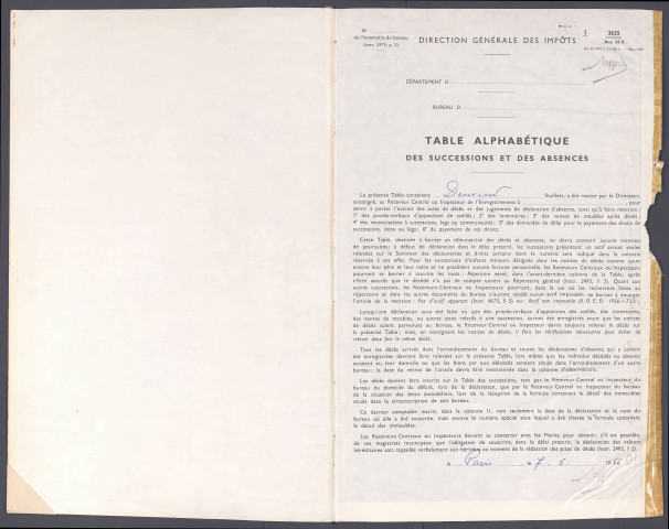 Table des successions et absences du bureau d'Amiens banlieue