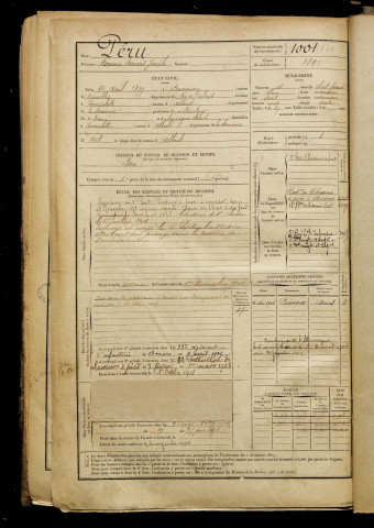 Péru, Romain François Joseph, né le 12 avril 1877 à Bucquoy (Pas-de-Calais), classe 1897, matricule n° 1001, Bureau de recrutement de Péronne