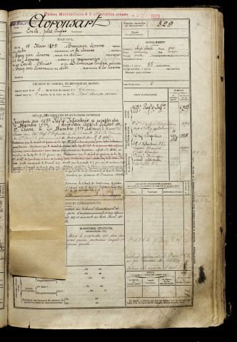 Avronsart, Emile Jules Eugène, né le 28 mars 1895 à Bray-sur-Somme (Somme), classe 1915, matricule n° 329, Bureau de recrutement de Péronne