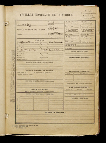 Thiéry, Jean Baptiste Pierre, né le 29 janvier 1897 à Sains-en-Amiénois (Somme), classe 1917, matricule n° 274, Bureau de recrutement d'Amiens