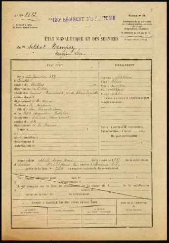 Tempez, Eugène Léon, né le 17 janvier 1895 à Bresles (Oise), classe 1915, matricule n° 754, Bureau de recrutement d'Amiens