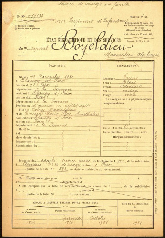 Boyeldieu, Maximilien Alphonse, né le 12 novembre 1880 à Blangy-sur-Poix (Somme), classe 1900, matricule n° 892, Bureau de recrutement d'Amiens