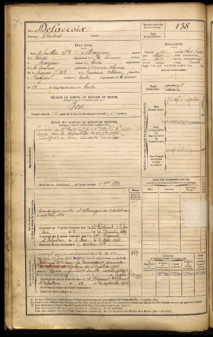 Delacroix, Thadéus, né le 04 juillet 1872 à Baizieux (Somme), classe 1892, matricule n° 138, Bureau de recrutement d'Amiens