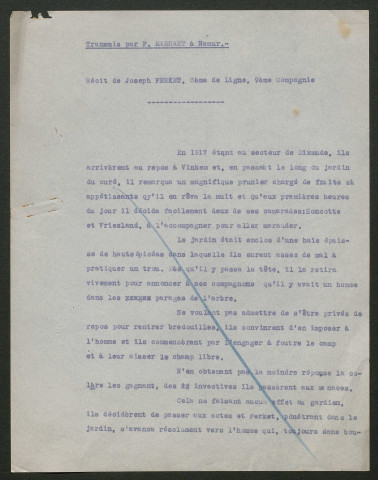 Témoignage de Ferket, Joseph et correspondance avec Jacques Péricard