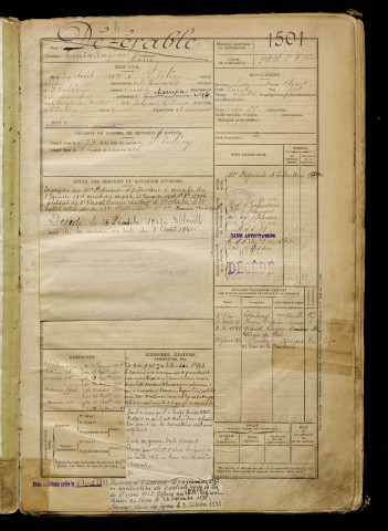 Dézérable, Maurice Eugène Marie, né le 29 août 1897 à Saint-Valery-sur-Somme (Somme), classe 1917, matricule n° 1501, Bureau de recrutement d'Abbeville