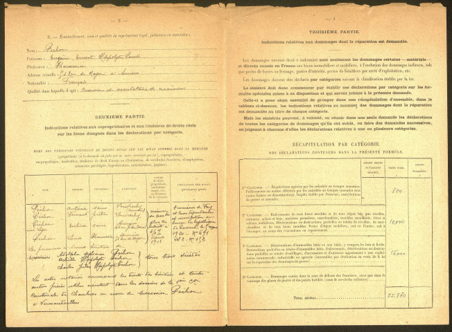 Fay. Demande d'indemnisation des dommages de guerre : dossier Ricquebourg-Hamet