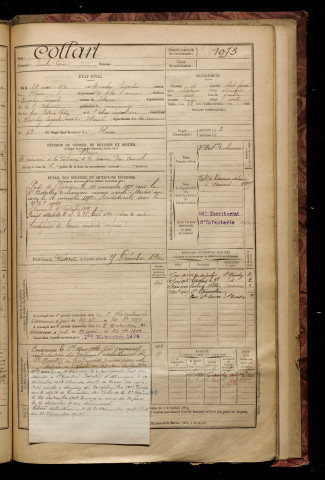 Collart, Emile Léon, né le 28 mai 1870 à Monchy-Lagache (Somme), classe 1890, matricule n° 1073, Bureau de recrutement de Péronne