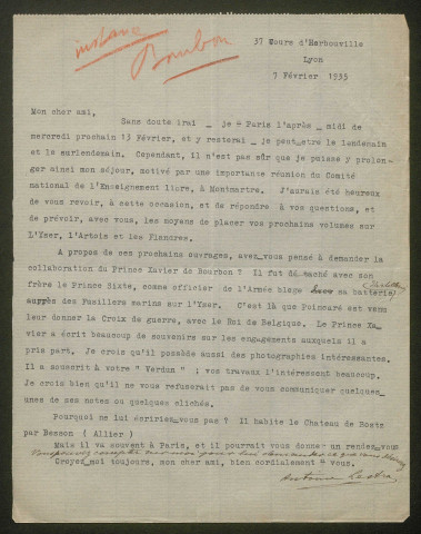 Témoignage de Bourbon (de), Xavier (Prince) et correspondance avec Jacques Péricard