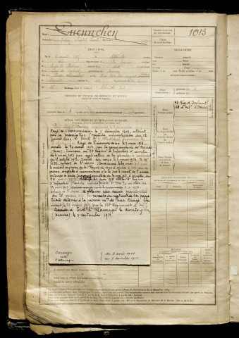 Quennechen, Julien Charles Paul, né le 06 avril 1885 à Abbeville (Somme), classe 1905, matricule n° 1013, Bureau de recrutement d'Abbeville