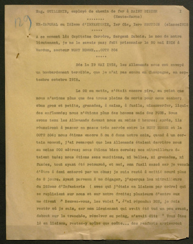 Témoignage de Guillemin, Eugène (Caporal) et correspondance avec Jacques Péricard
