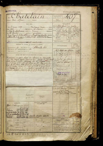 Chatelain, René Alfred, né le 07 mars 1899 à Boulogne-sur-Mer (Pas-de-Calais), classe 1919, matricule n° 407, Bureau de recrutement d'Abbeville