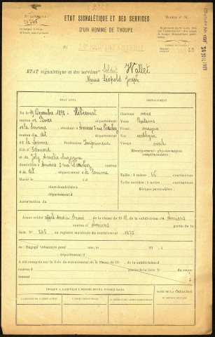 Wallet, Marius Léopold Joseph, né le 19 décembre 1898 à Hébécourt (Somme), classe 1918, matricule n° 1275, Bureau de recrutement d'Amiens