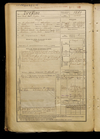 Trefcon, Louis Paul Eugène, né le 21 juin 1877 à Morchain (Somme), classe 1897, matricule n° 1281, Bureau de recrutement de Péronne