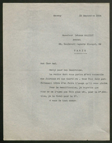 Témoignage de Malécot, Léonce (Avocat à la cour de Paris) et correspondance avec Jacques Péricard