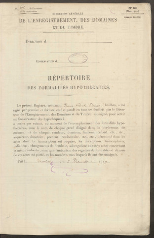 Répertoire des formalités hypothécaires, du 04/05/1920 au 02/11/1920, registre n° 196 (Conservation des hypothèques de Doullens)