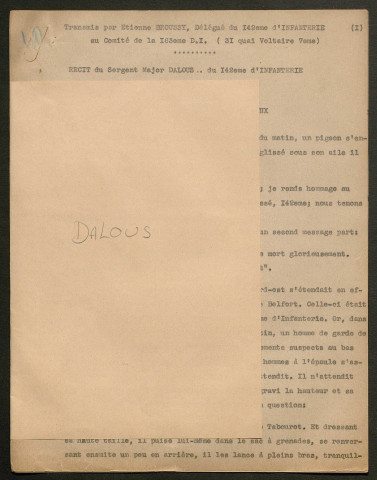 Témoignage de Dalous (Sergent Major) et correspondance avec Jacques Péricard