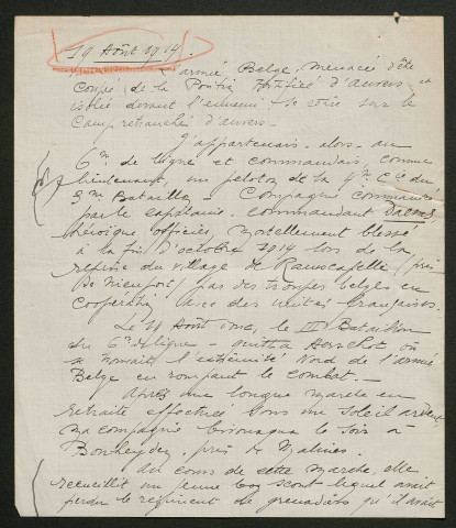 Témoignage de De Schepper, R. (Colonel - ex Lieutenant en 1914) et correspondance avec Jacques Péricard