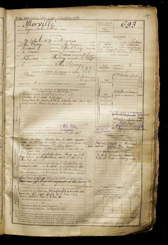 Morvillé, Eugène Charles Mathieu, né le 21 septembre 1879 à Mirvaux (Somme), classe 1899, matricule n° 693, Bureau de recrutement d'Amiens