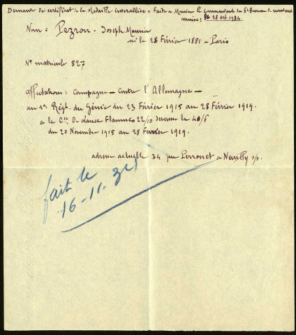 Demande de certificat de la médaille interalliée faite à Monsieur le commandant du 6e bureau de recrutement par Joseph Maurice Perzon, matricule 827, remise le 28 octobre 1934