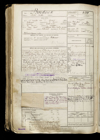 Bordeux, Michel Anatole, né le 15 novembre 1896 à Liercourt (Somme), classe 1916, matricule n° 450, Bureau de recrutement d'Abbeville
