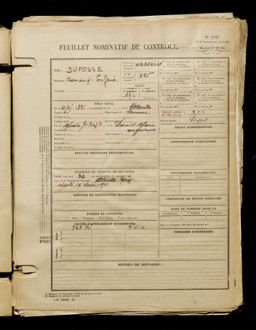 Dufosse, Fernand Eugène, né le 21 février 1891 à Abbeville (Somme), classe 1911, matricule n° 395, Bureau de recrutement d'Abbeville