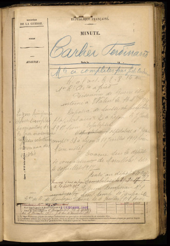 Carlier, Ferdinand, né le 17 février 1867 à Villers-Pol (Nord), classe 1887, matricule n° 742, Bureau de recrutement de Péronne