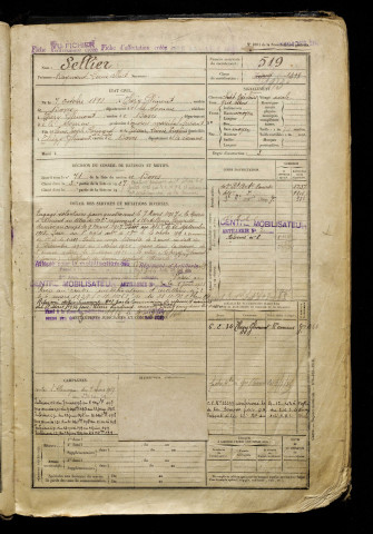 Sellier, Raymond Louis Albert, né le 07 octobre 1898 à Thézy-Glimont (Somme), classe 1918, matricule n° 519, Bureau de recrutement d'Amiens