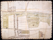 Plan du village et des marais, figurant l'alignement des maisons, le pont, l'église