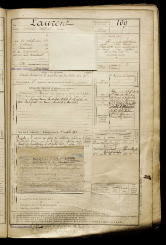 Laurent, Louis Alfred, né le 30 septembre 1889 à Toutencourt (Somme), classe 1909, matricule n° 109, Bureau de recrutement d'Abbeville