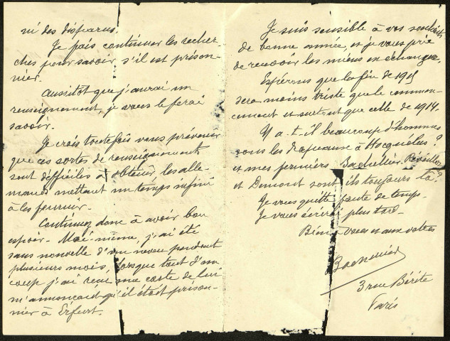 Correspondance : recherche d'Oscar Thiébault dont les parents sont sans nouvelles depuis septembre 1914