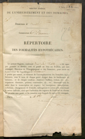 Répertoire des formalités hypothécaires, du 06/02/1857 au 27/10/1857, registre n° 170 (Péronne)