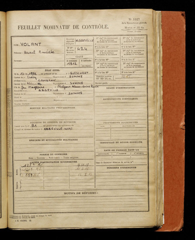 Volant, Raoul Amédée, né le 13 avril 1892 à Gueschart (Somme), classe 1912, matricule n° 424, Bureau de recrutement d'Abbeville